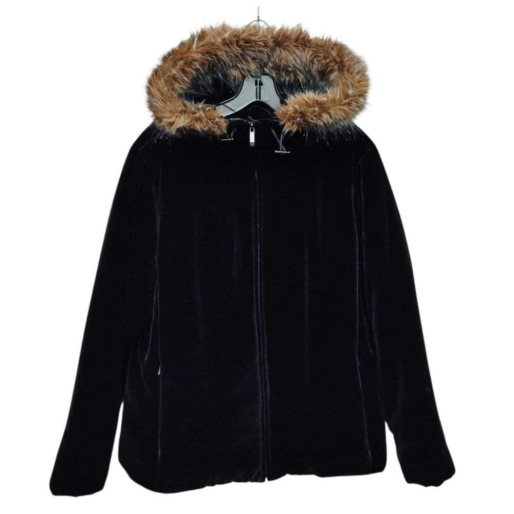 Lauren Ralph Lauren Womens Faux Fur Silk Blend Velvet Jacket Medium Hooded Zip